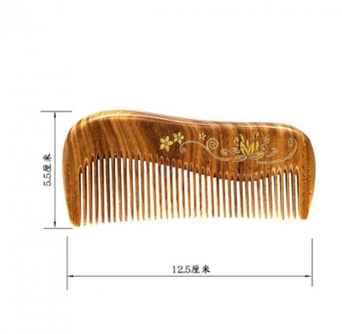 新款純天然便攜綠檀木梳(桔色 金花圖案)