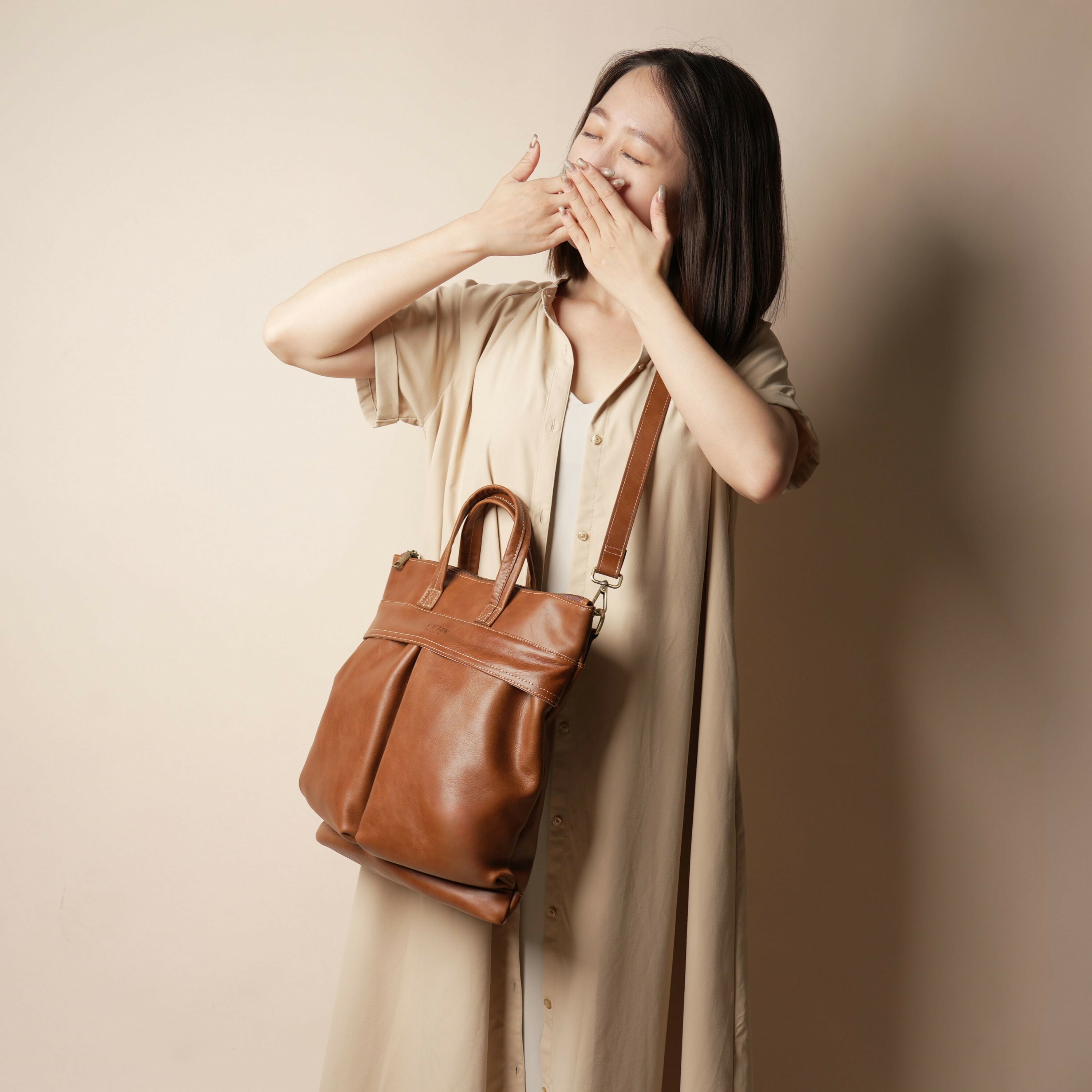 爺爺的口袋抓皺 真皮大容量托特包-ht(234059ht)