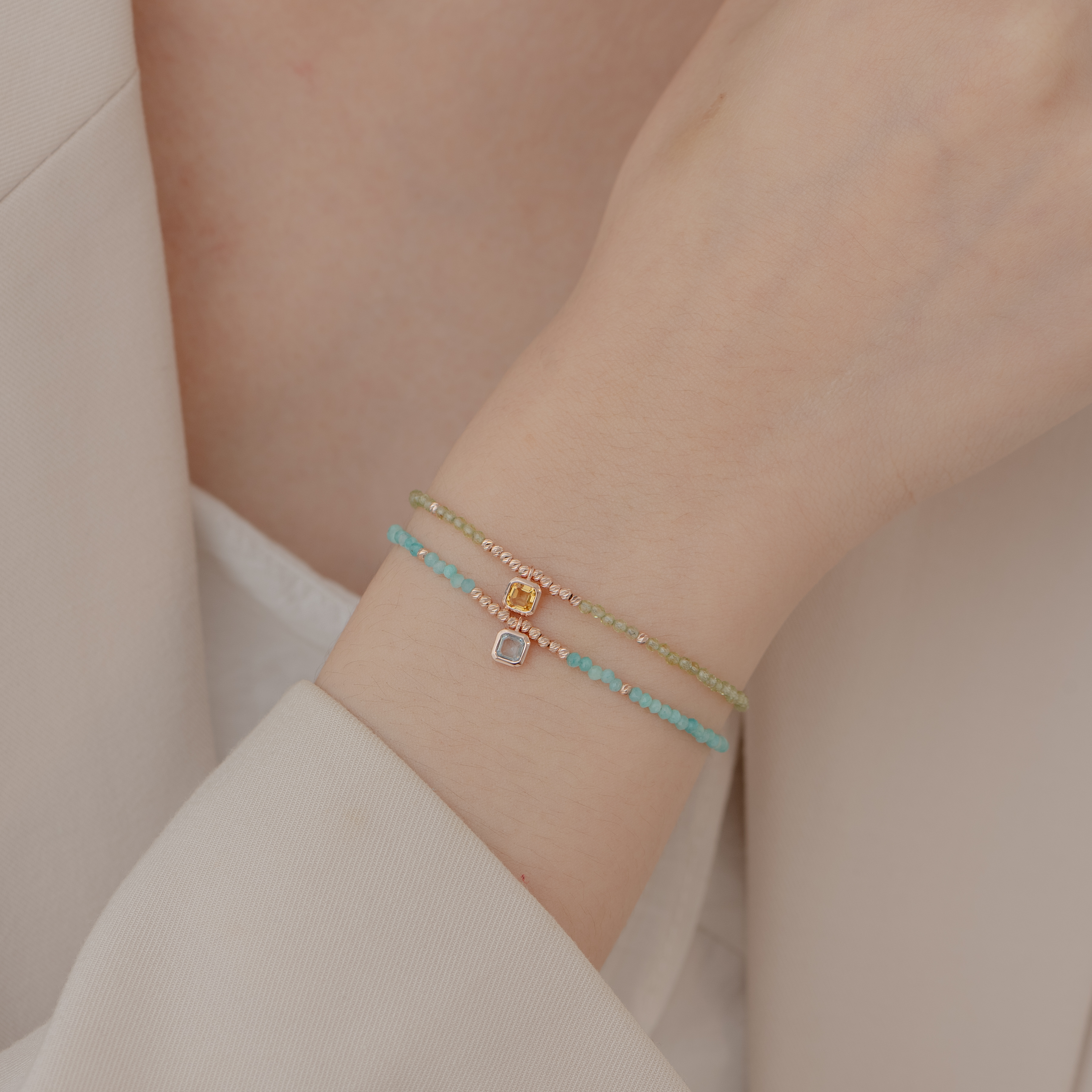 Asscher藍托帕天河石手工手環