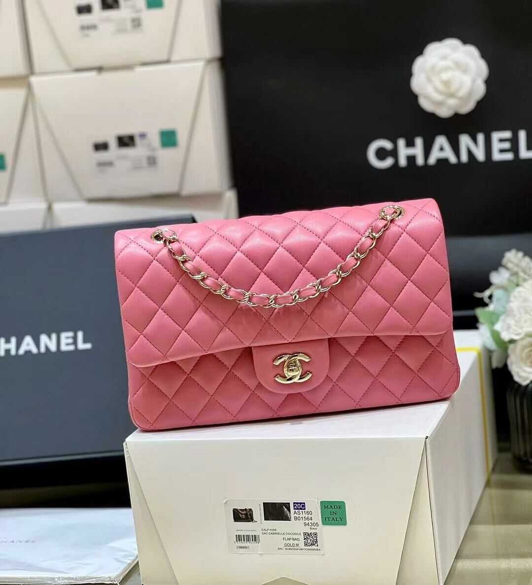 C H A N E. L 25cm金扣鏈帶肩背袋粉紅色