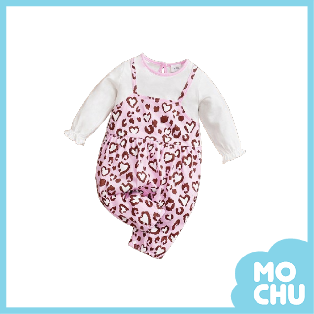 粉色豹紋假兩件長袖連身衣