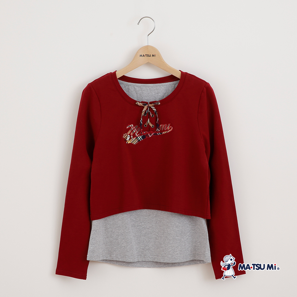 MA‧TSU Mi 假兩件瑪娃格紋蝴蝶結綁帶棉上衣(紅.深藍)