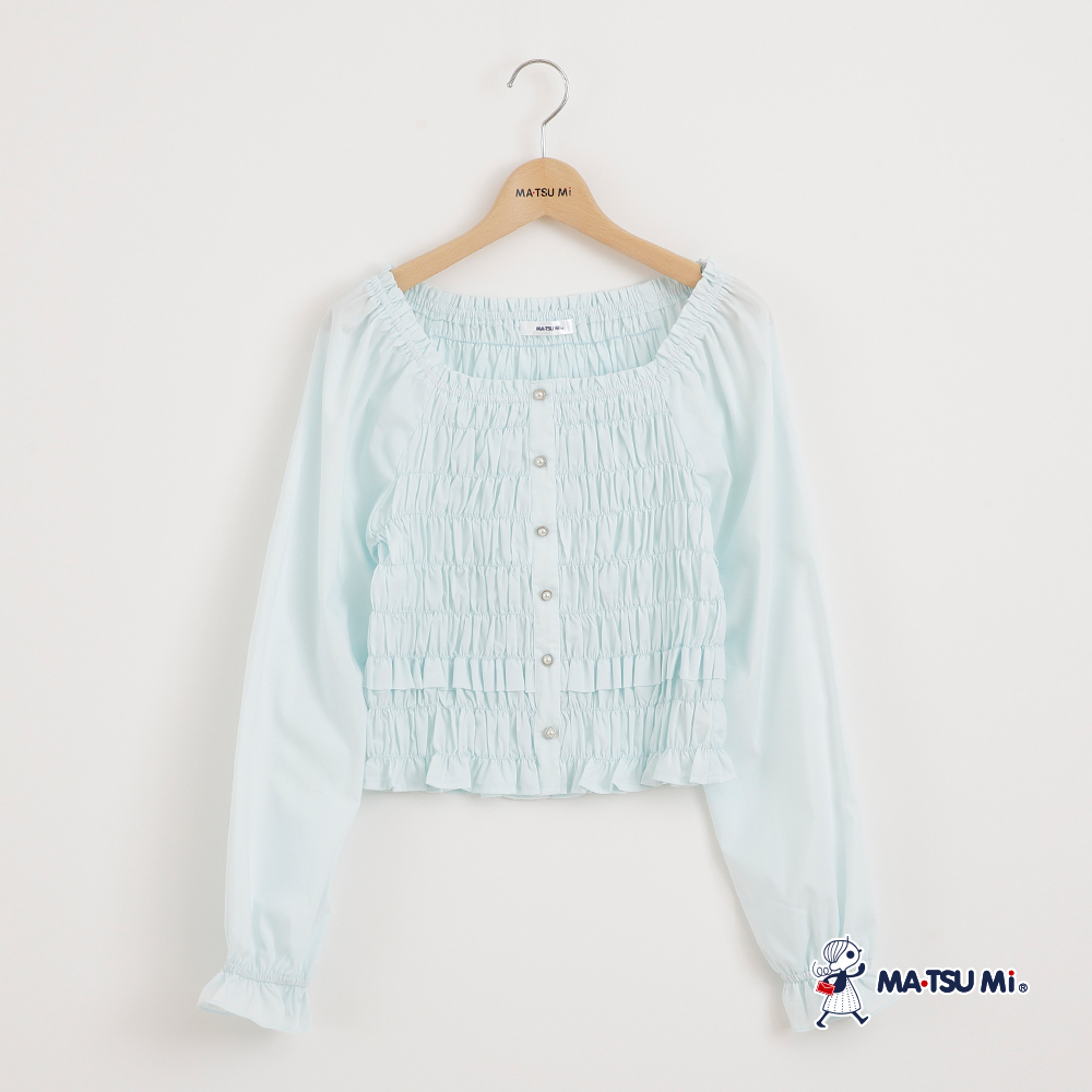 MA‧TSU Mi 優雅皺褶鬆緊珍珠釦襯衫(白.水藍)