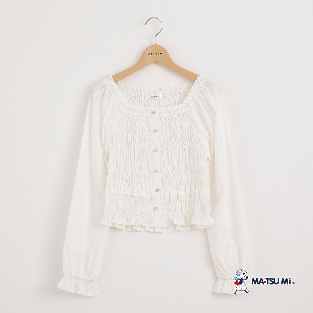 MA‧TSU Mi 優雅皺褶鬆緊珍珠釦襯衫(白.水藍)