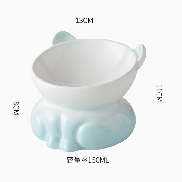 貓碗陶瓷貓食盆飯碗喝水碗--高脚斜口碗-漸變青. 【優質陶瓷防黑下巴】
