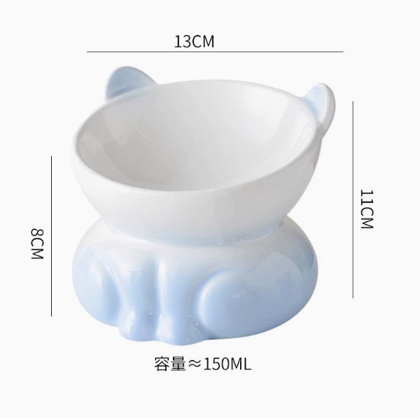 貓碗陶瓷貓食盆飯碗喝水碗--高脚斜口碗-漸變藍. 【優質陶瓷防黑下巴】