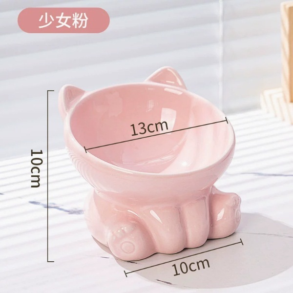 貓碗陶瓷貓食盆飯碗喝水碗--高脚斜口碗-【少女粉】 【優質陶瓷防黑下巴】