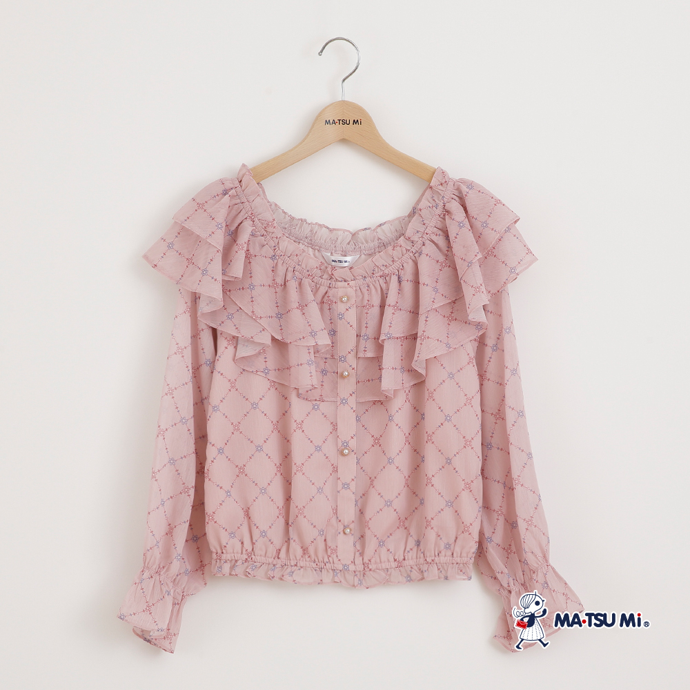 MA‧TSU Mi 菱格小花壓紋印花荷葉雪紡襯衫(粉紅.深藍)
