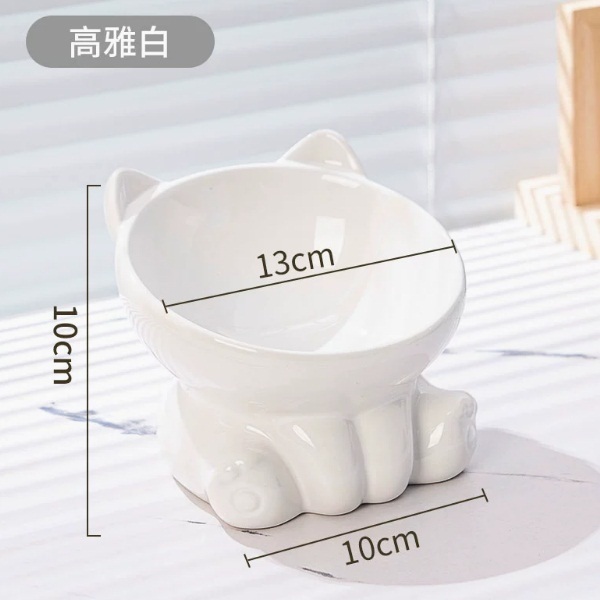貓碗陶瓷貓食盆飯碗喝水碗--高脚斜口碗-【高雅白】 【優質陶瓷防黑下巴】