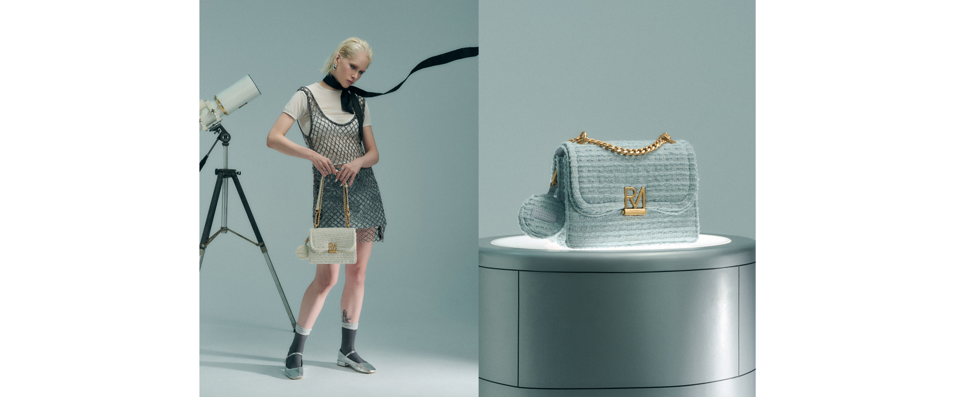 模特兒手提Elly雙層斜背包（毛呢）與包款近照