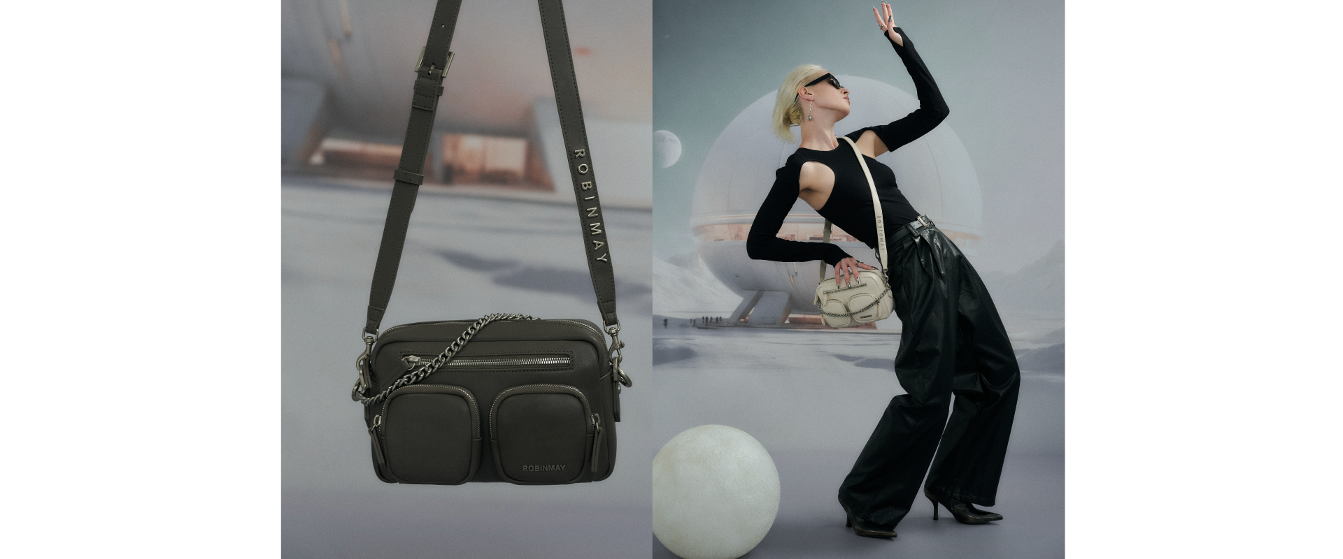 模特兒身穿黑色穿搭背折酷米斜背包