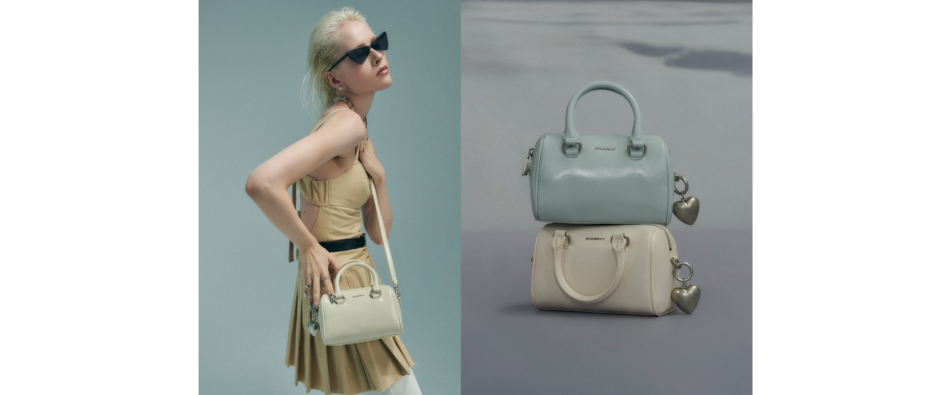 模特兒身穿米黃色洋穿斜背戀心花夢手提包