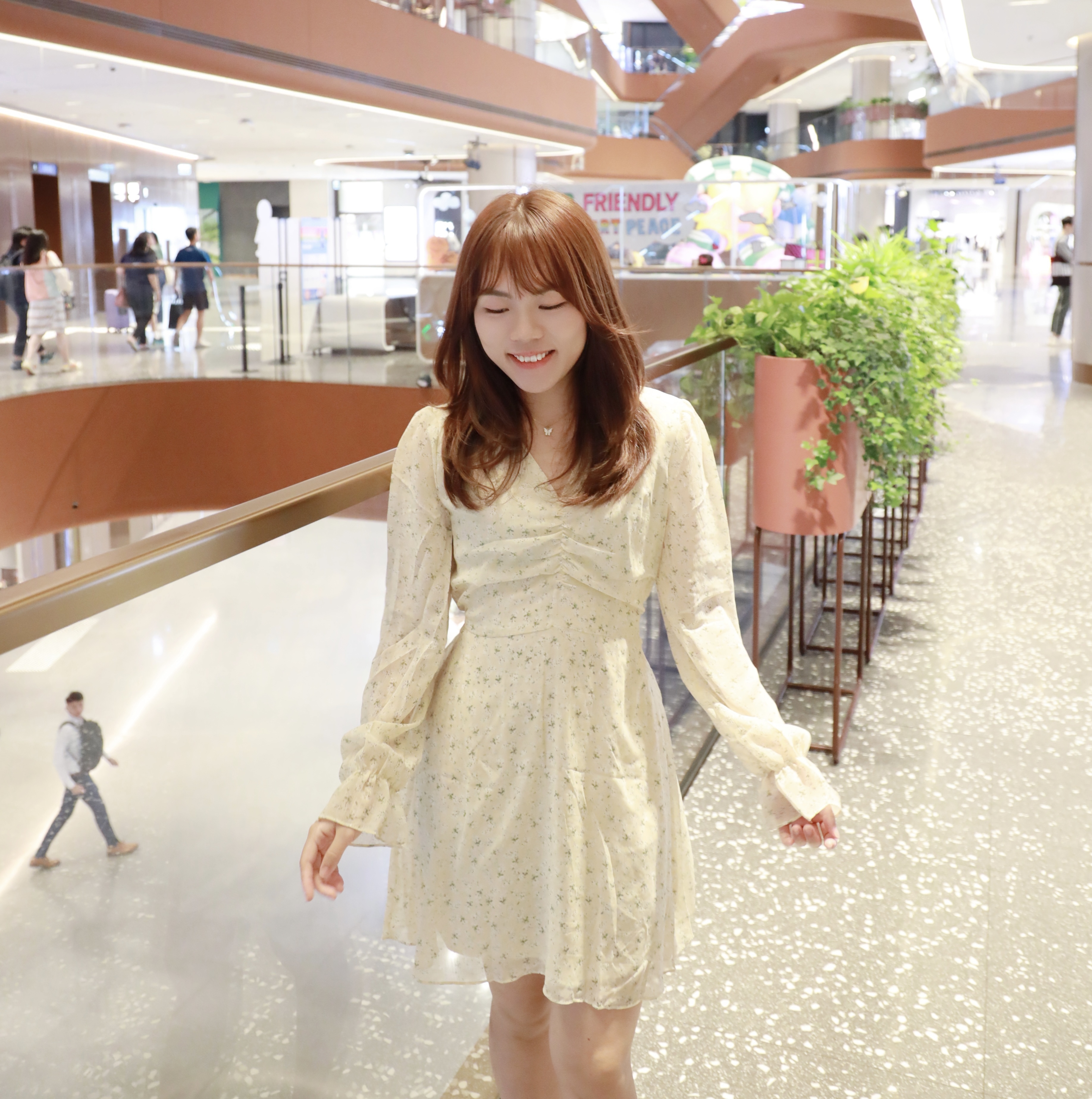 ||OPS212|| 淡黃綠花雪紡長袖連身裙