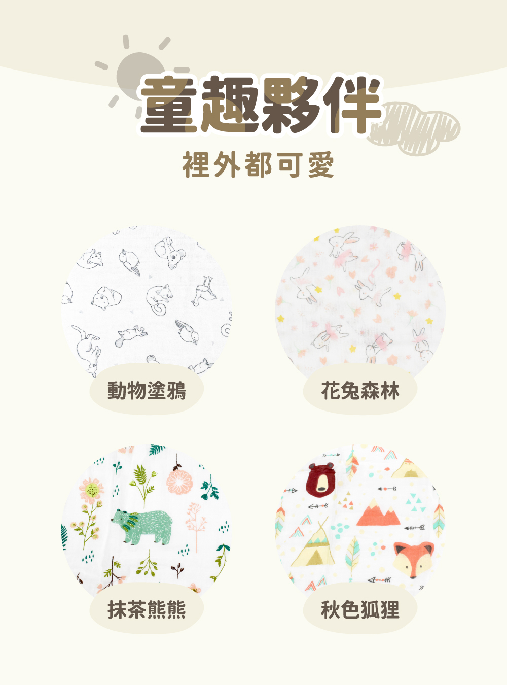 OceanBaby多功能嬰兒包巾款式展示:動物塗鴉、花兔森林、抹茶熊熊、秋色狐狸