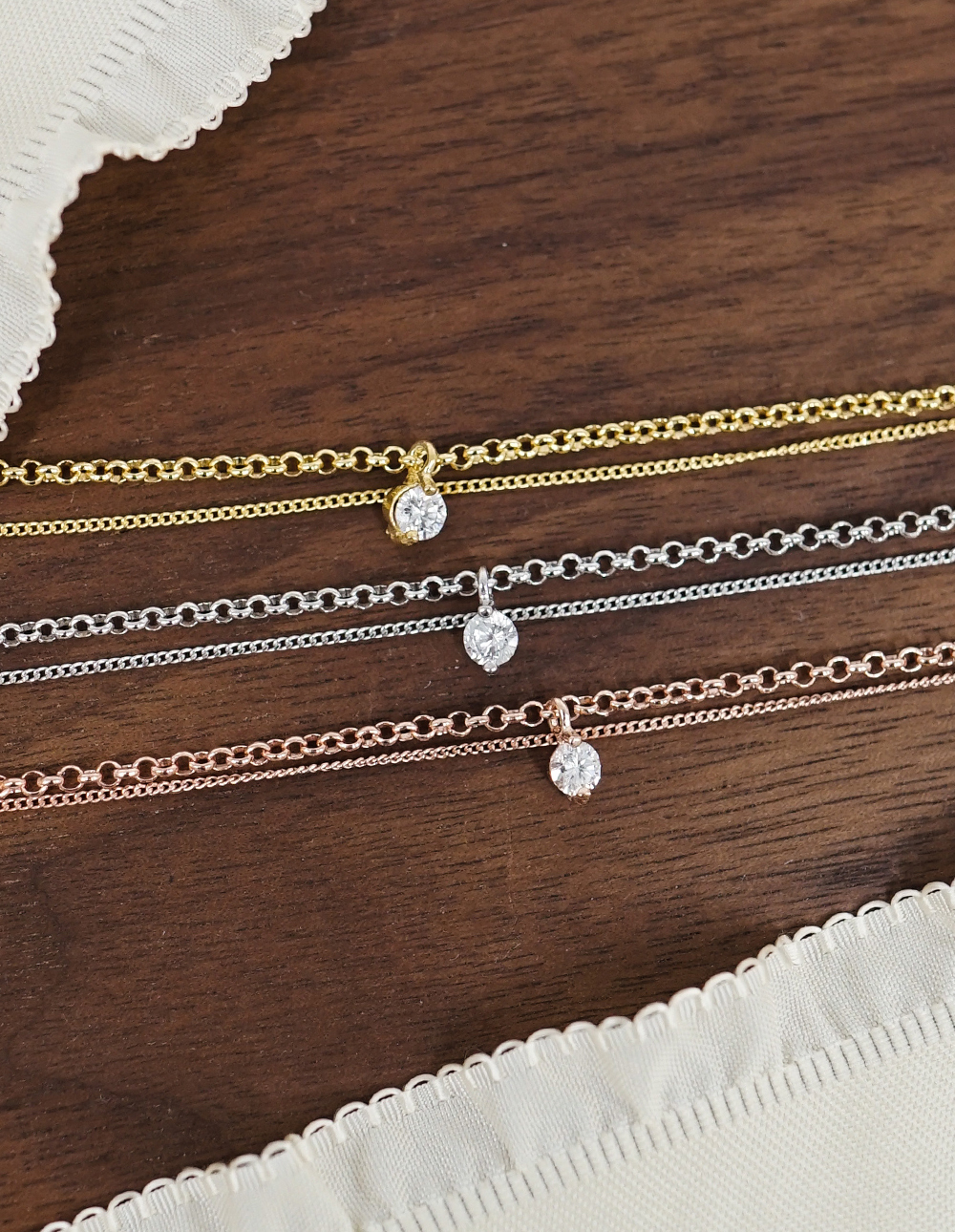 925 純銀單鑽雙鍊手鍊✦金