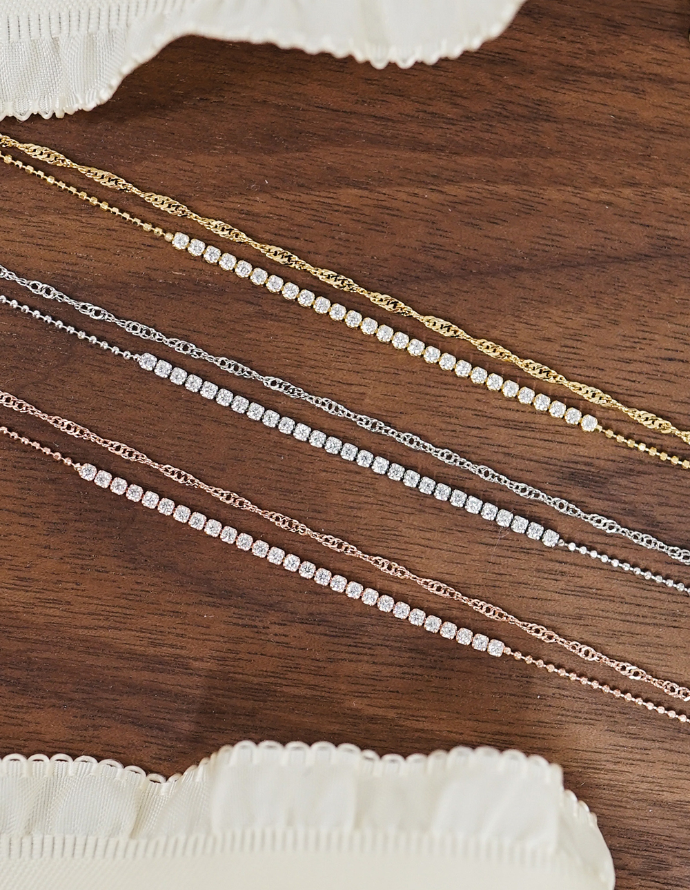 925 純銀排鑽雙鍊手鍊✦銀