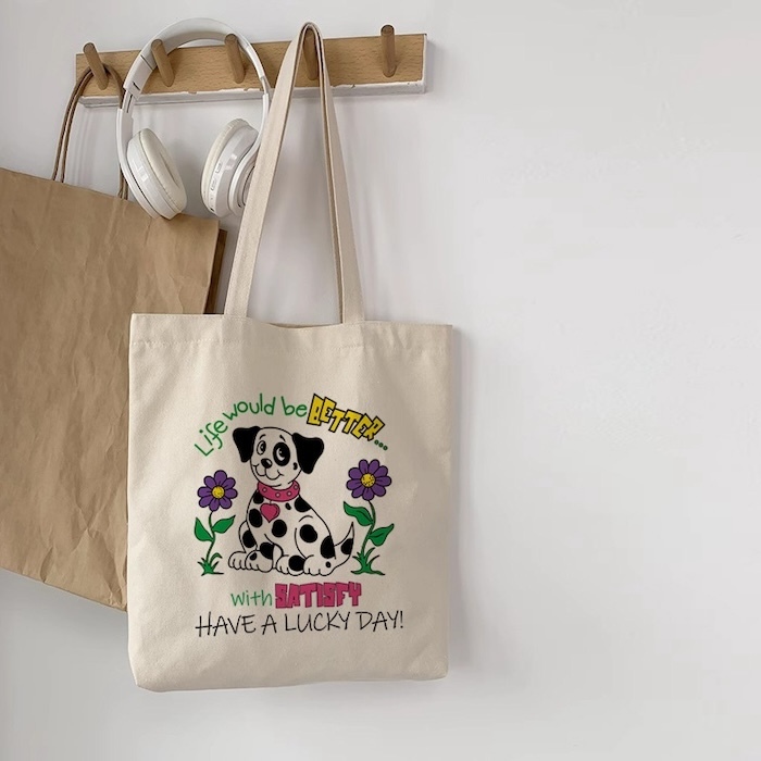 《90602》黑白斑點狗狗帆布袋