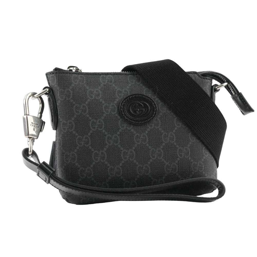 【GUCCI】Interlocking G 標誌附手提把迷你郵差包(黑灰色) 723306 92THN 1000