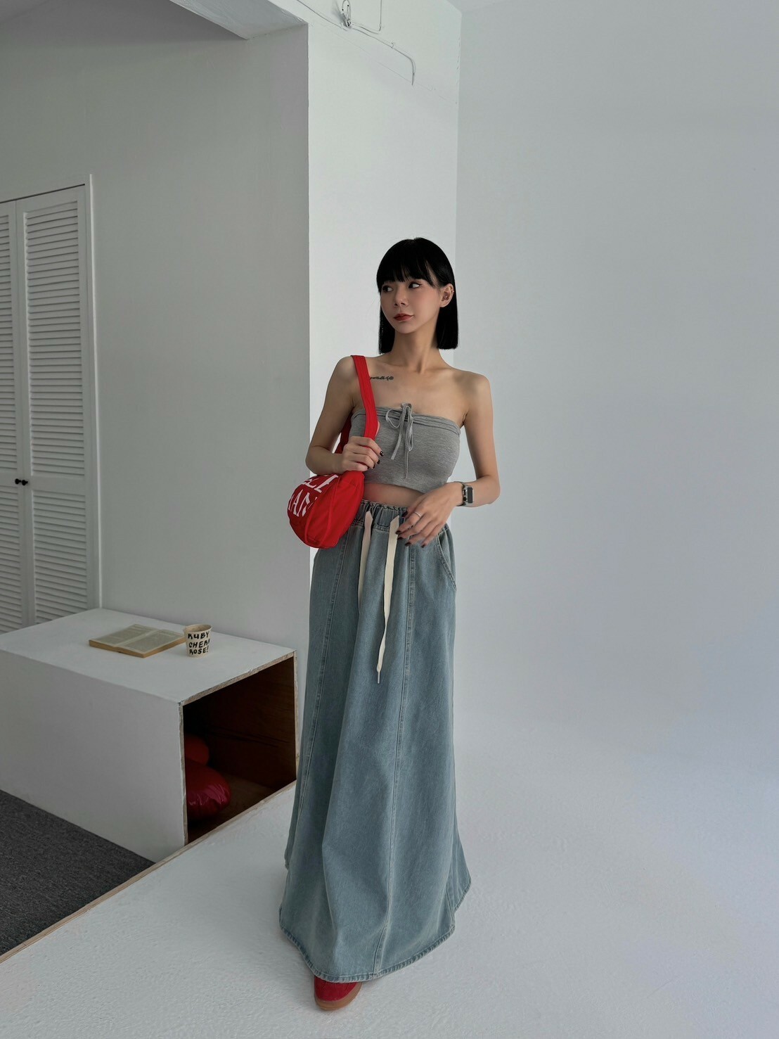 淺藍系抽繩鬆緊牛仔裙