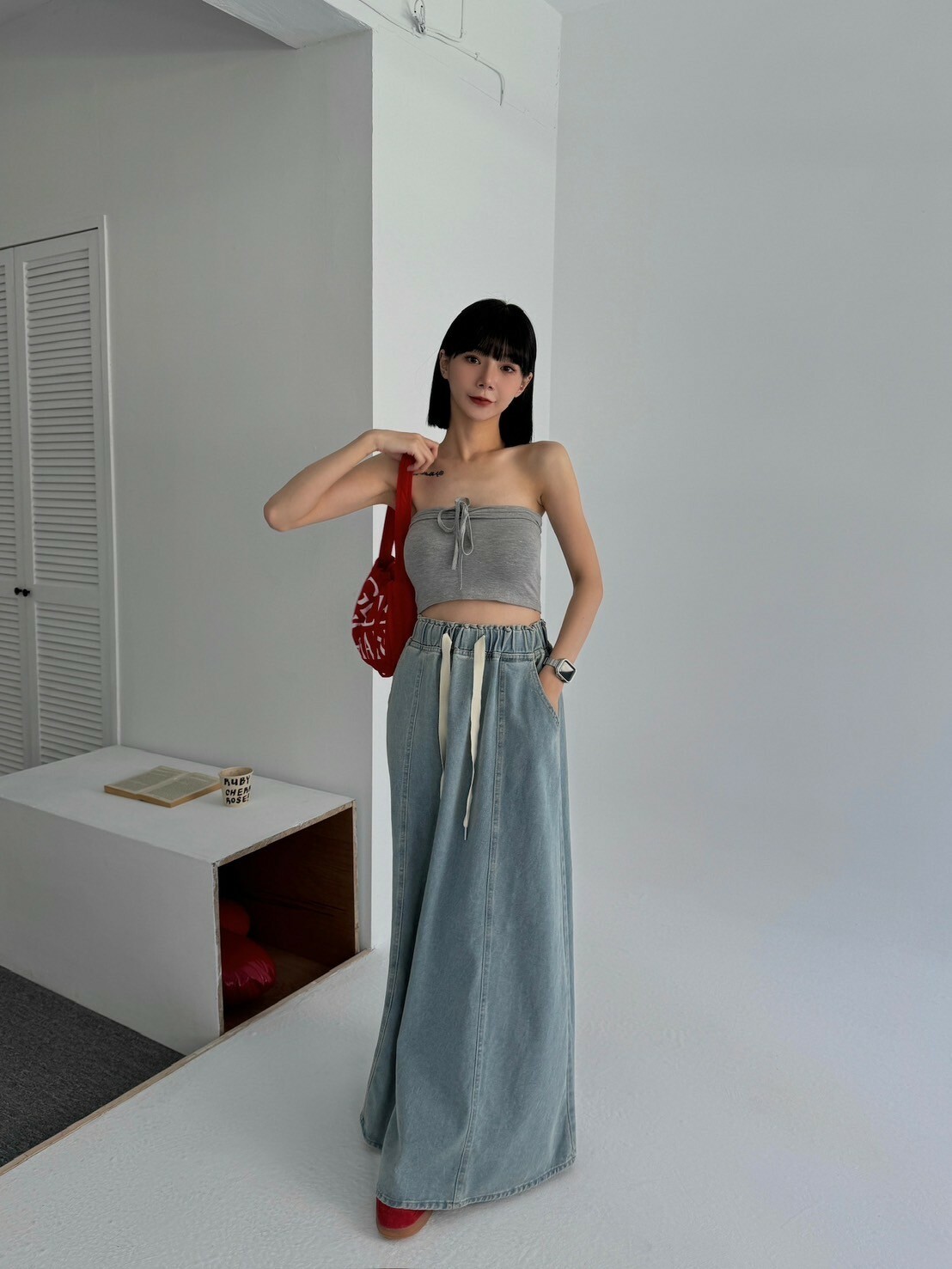 淺藍系抽繩鬆緊牛仔裙