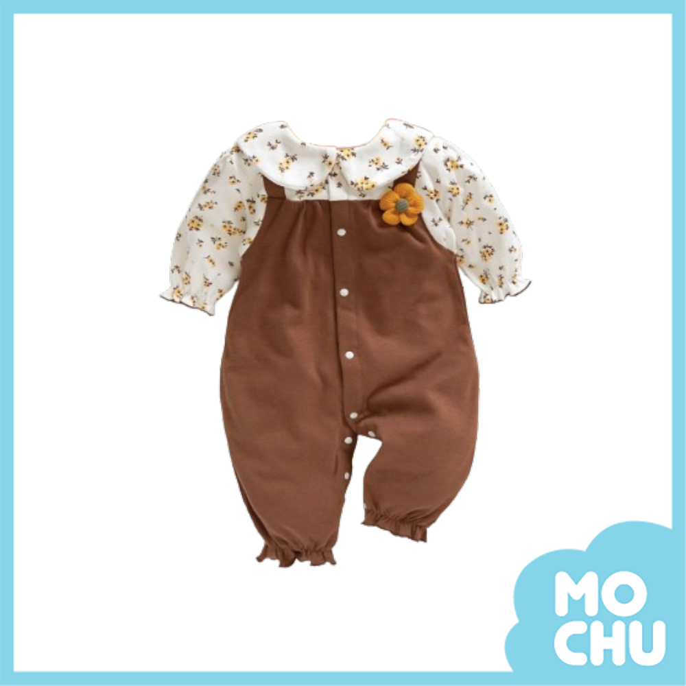 小黃碎花假兩件長袖連身衣