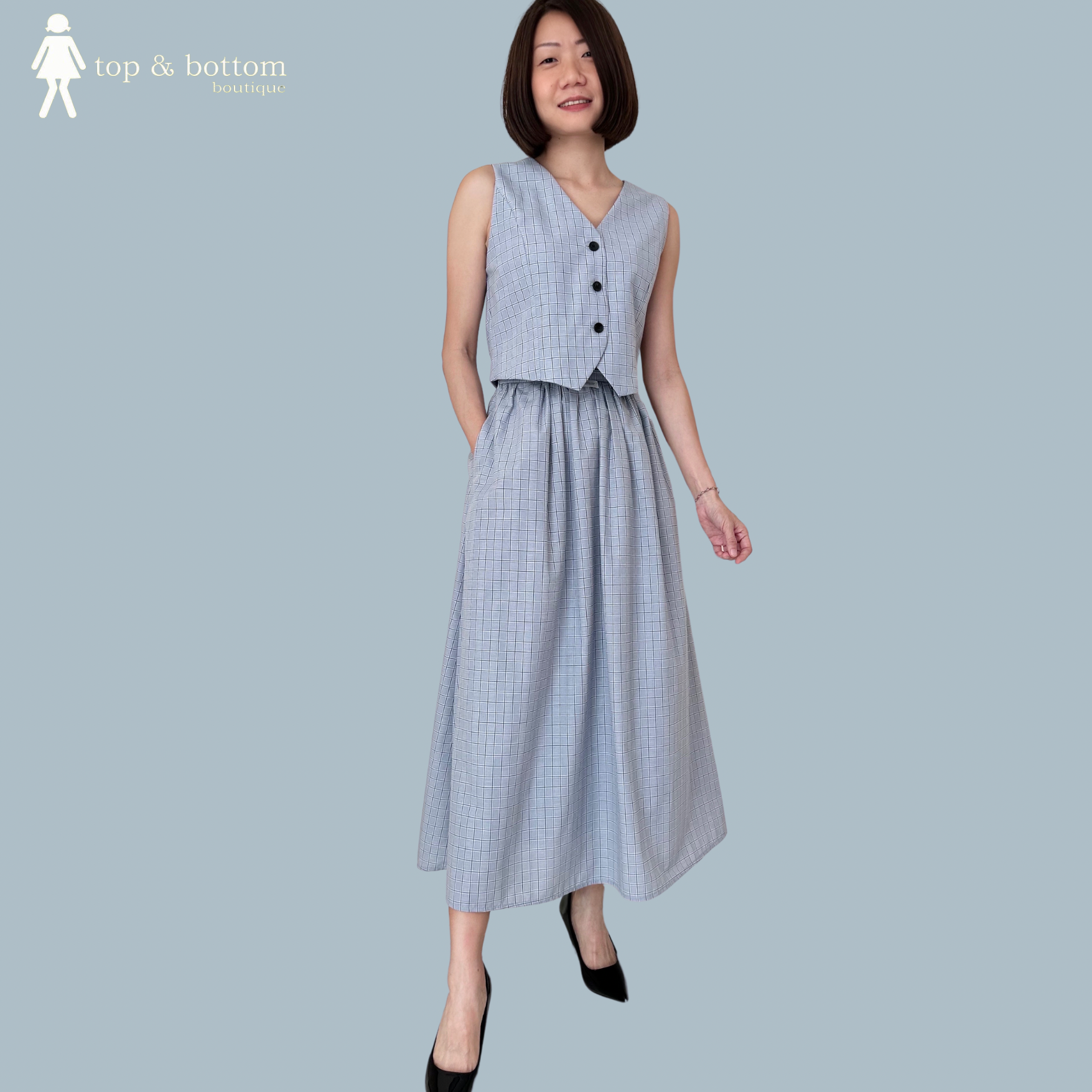 CHECKED BUTTON VEST & MIDI SKIRT SET SUIT (2PCS)