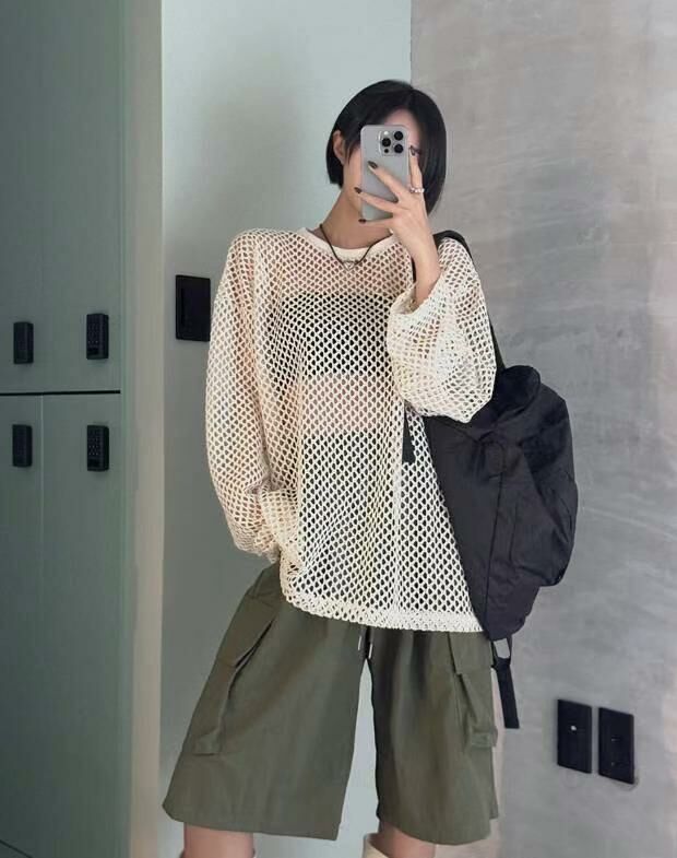 淨色網紋長袖衫 Hestory-041T