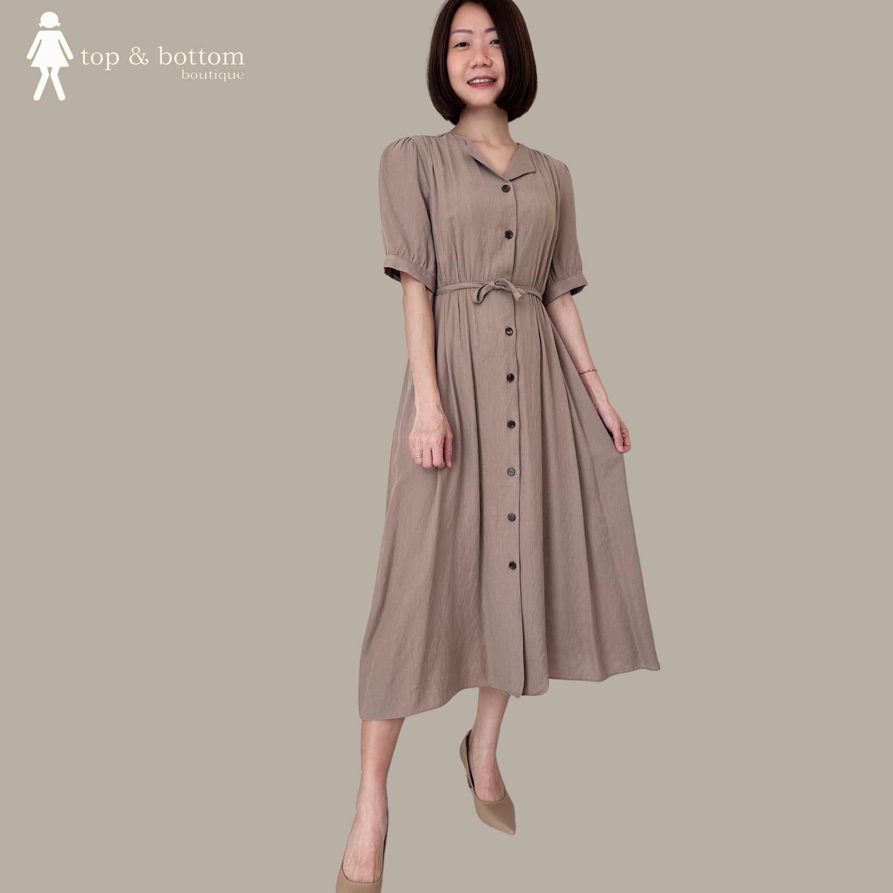 S/SLEEVE BUTTON TIE-WAISTED MIDI DRESS