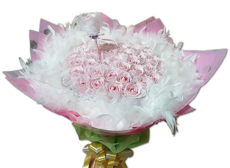 手工粉紅香皂花棒60支羽毛花束,Handmade pink soap flower stick 60-piece feather bouquet