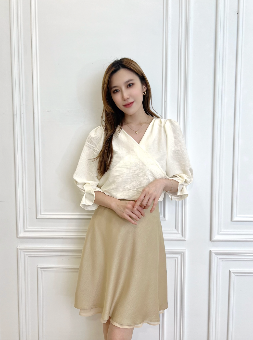 光澤拼接透紗傘裙