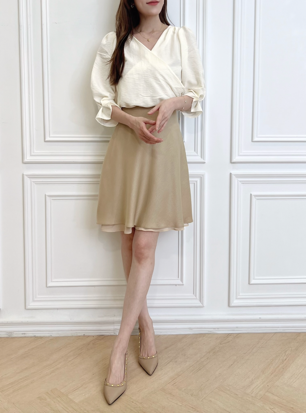 光澤拼接透紗傘裙