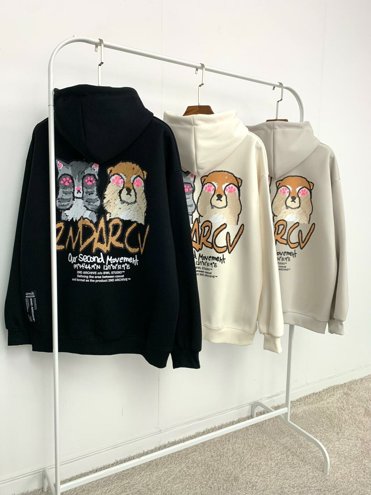 (薄抓毛底)貓狗圖案英文字連帽衛衣 2nd-161T