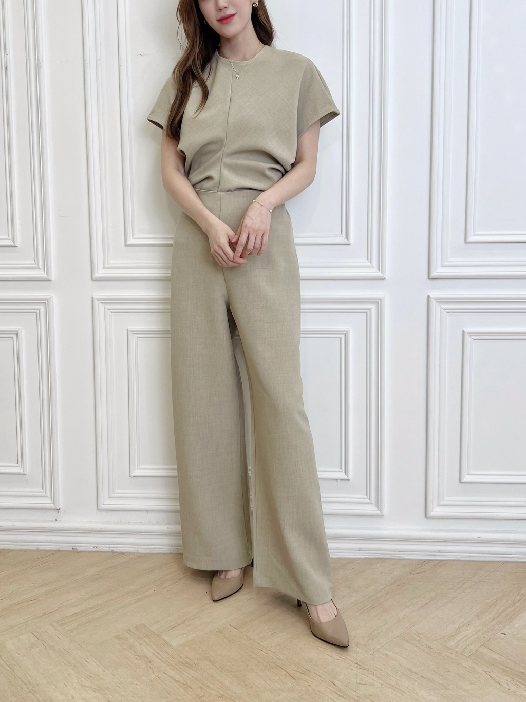 顯瘦必備!飛鼠袖收腰寬褲套裝