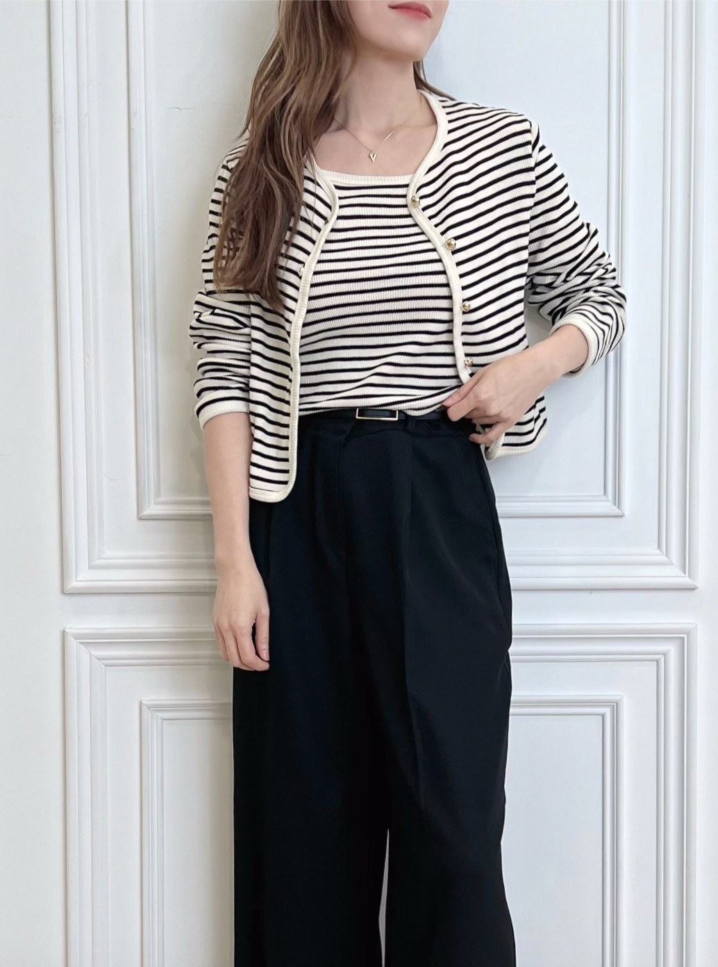 金釦條紋針織細肩帶背心+外套SET