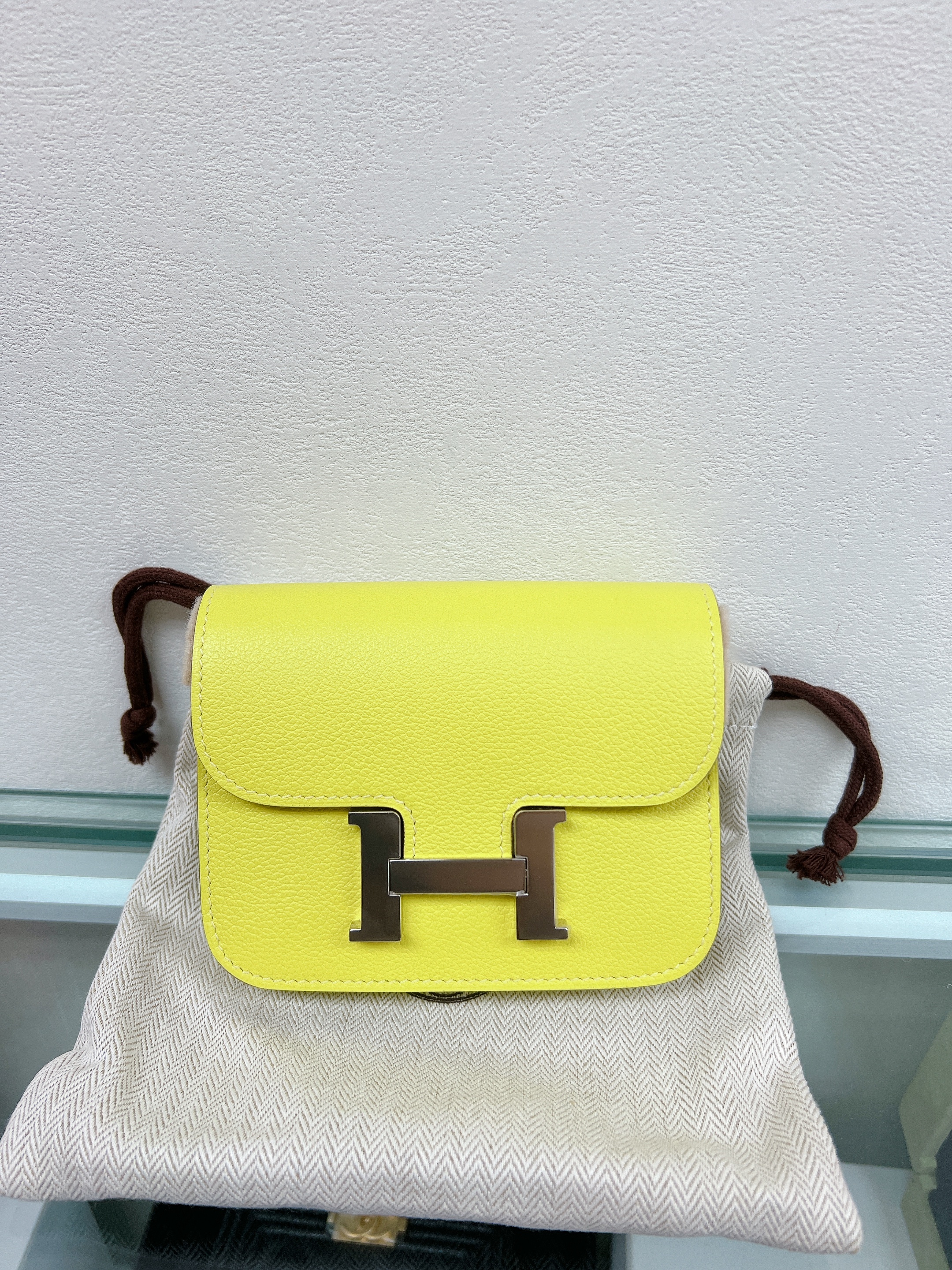 *Unused* Hermes constance slim wallet (lime/ stamp b)