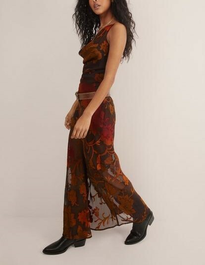 Brown Burnout焦糖咖啡橘燒花絲絨印花Maxi Dress