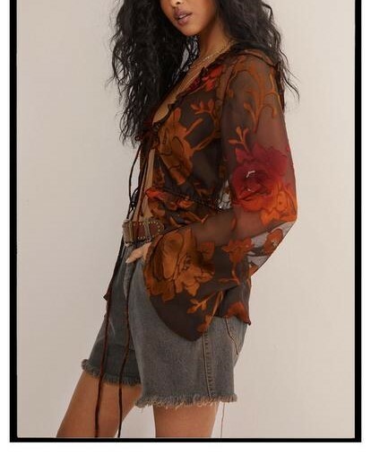 Brown Burnout焦糖咖啡橘燒花絲絨印花綁帶外套上衣