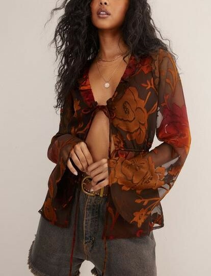 Brown Burnout焦糖咖啡橘燒花絲絨印花綁帶外套上衣