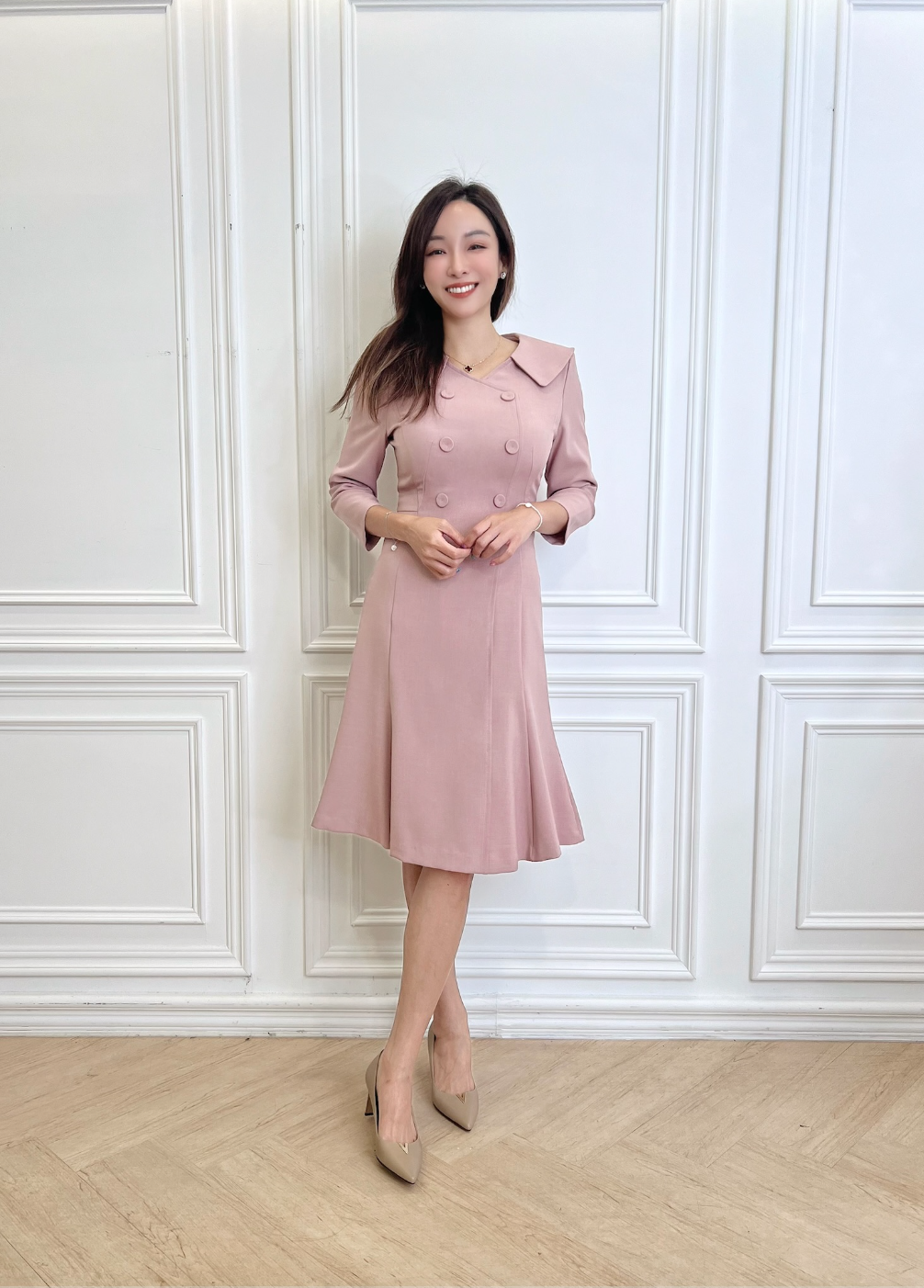 大翻領雙排釦七分袖傘洋