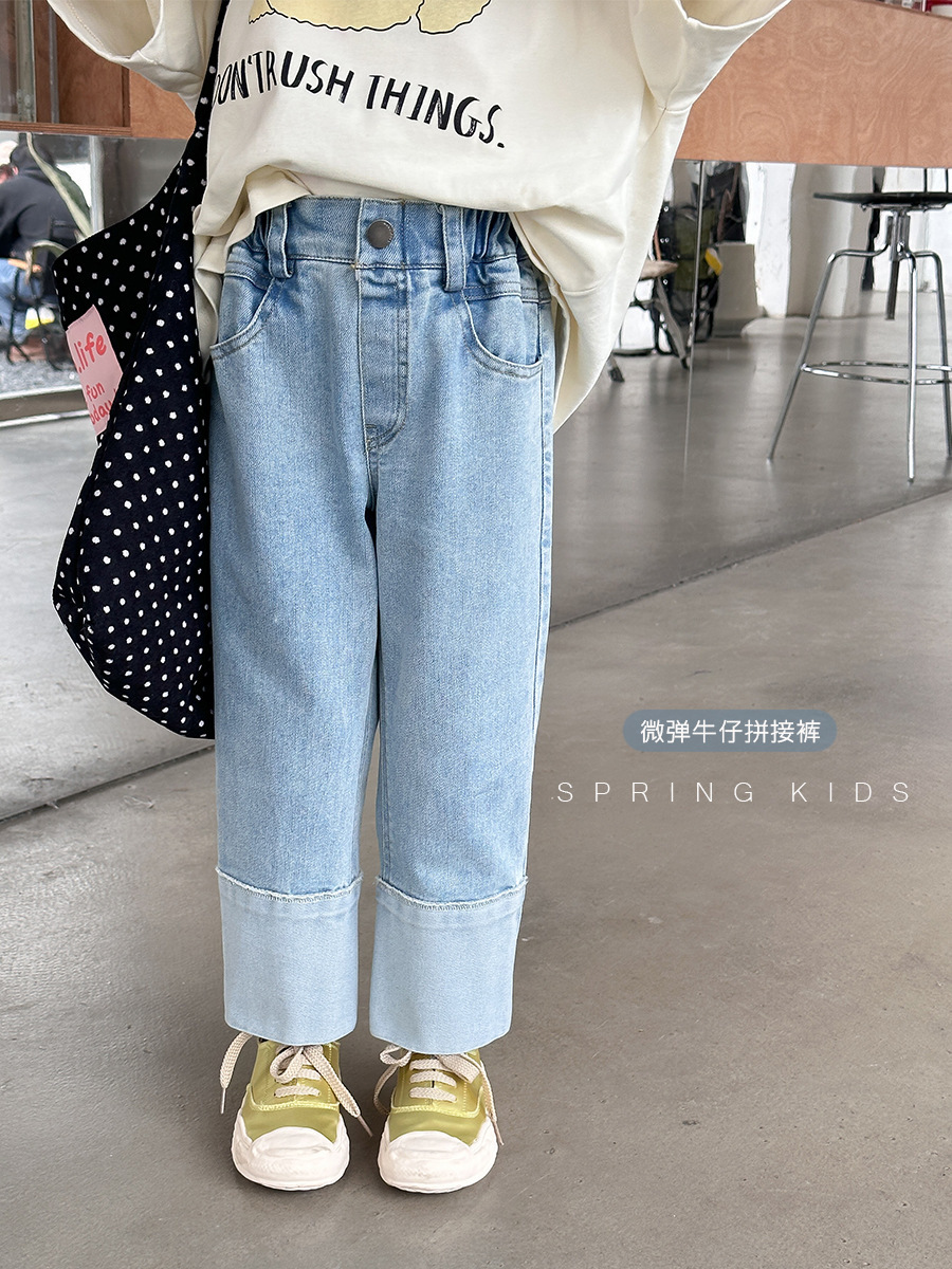 休閒微彈拼接牛仔褲