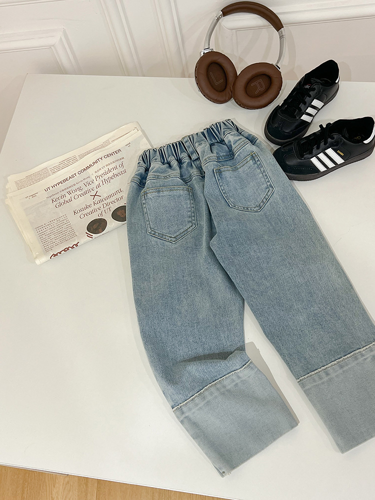 休閒微彈拼接牛仔褲-寬版