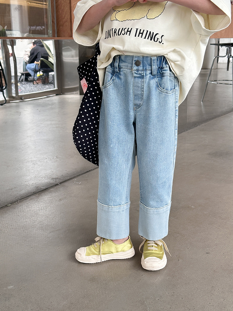 休閒微彈拼接牛仔褲-復古拼接設計