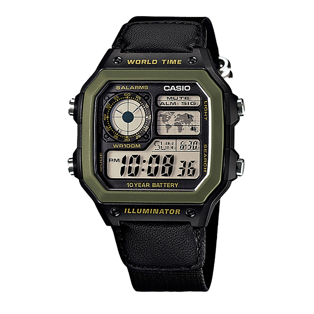 【CASIO】AE-1200WHB 10年電池 LED自動照明 多功能 碼錶 世界時間 多重時間 靜音 電子錶-