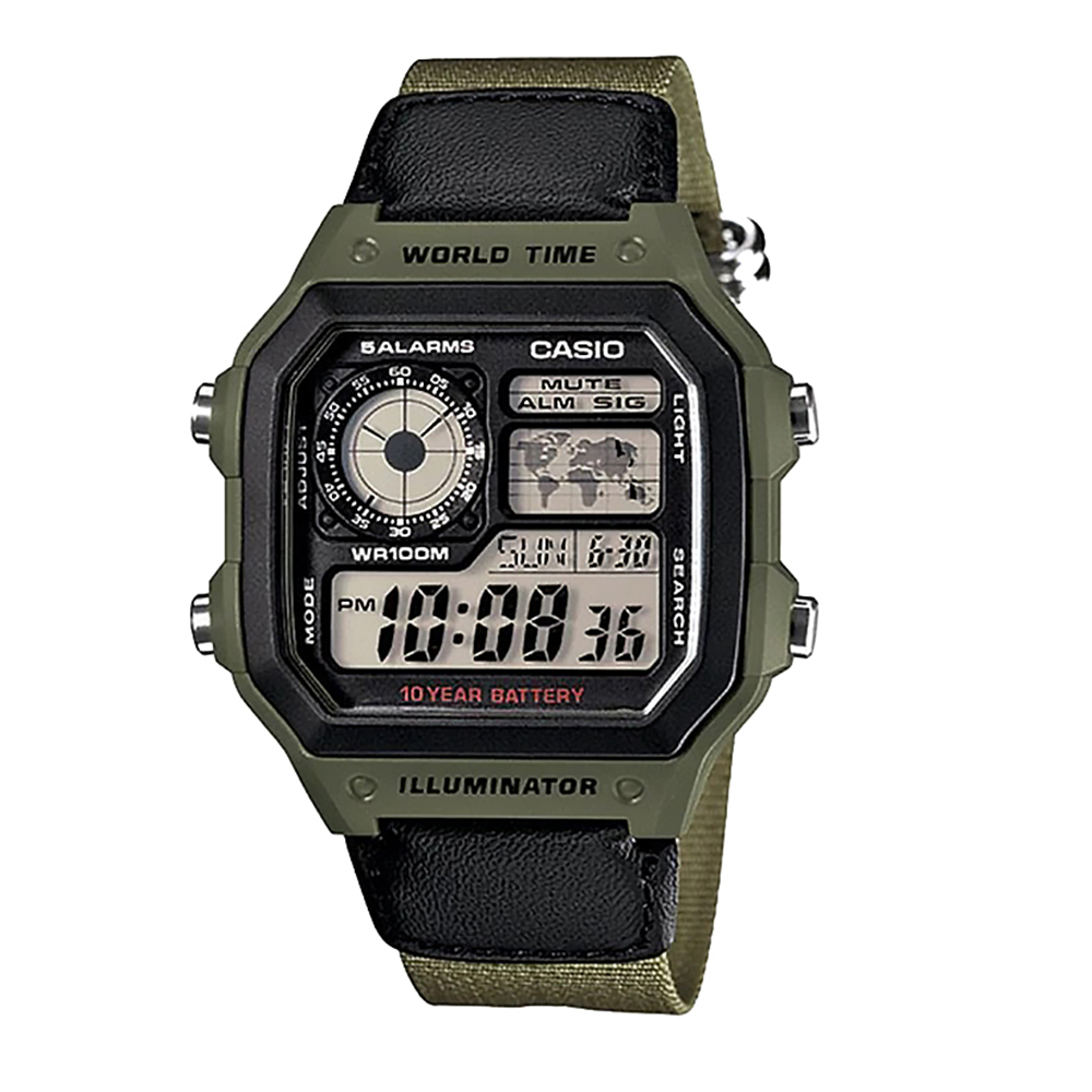 【CASIO】AE-1200WHB 10年電池 LED自動照明 多功能 碼錶 世界時間 多重時間 靜音 電子錶-