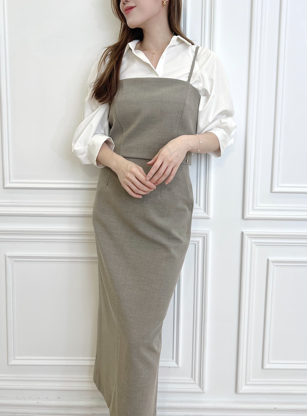 西裝面料細肩帶背心+長裙套裝