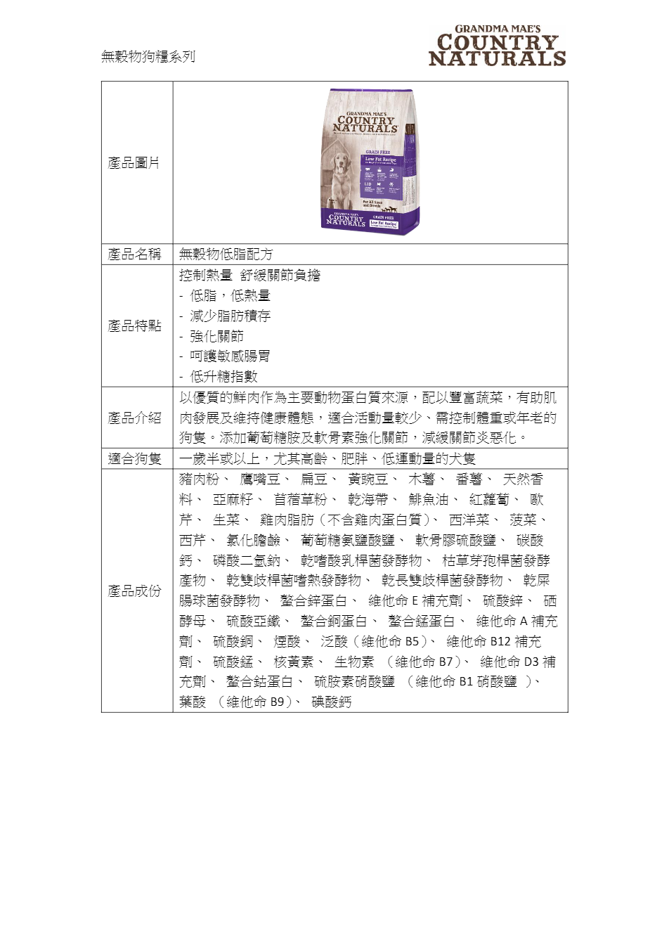 Country Naturals 無穀物防敏高纖低脂全犬糧 23LB [白底紫]