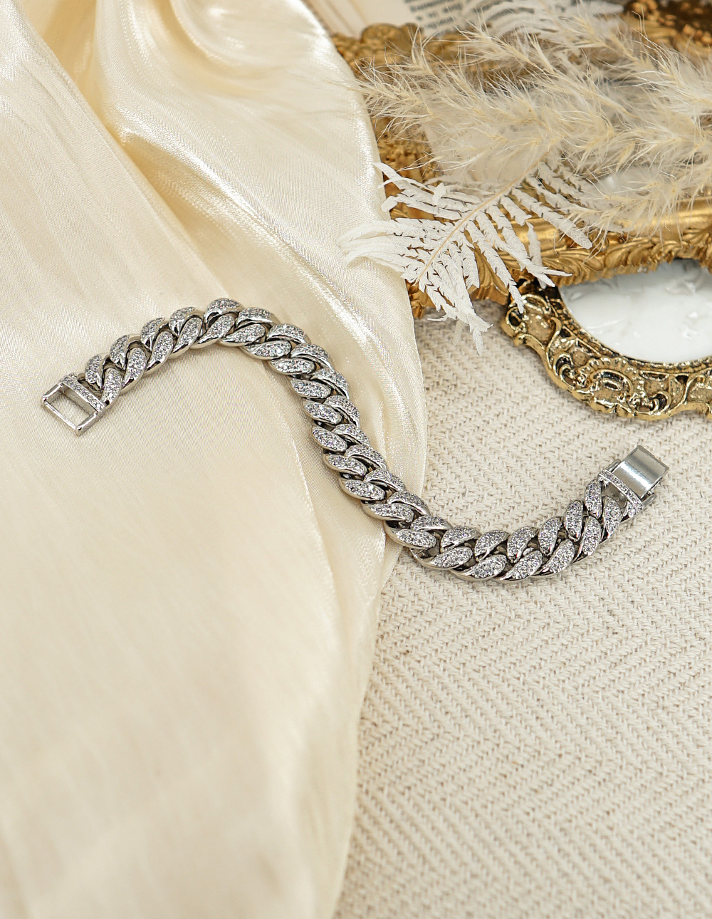 寬版交織水鑽手鍊✦銀