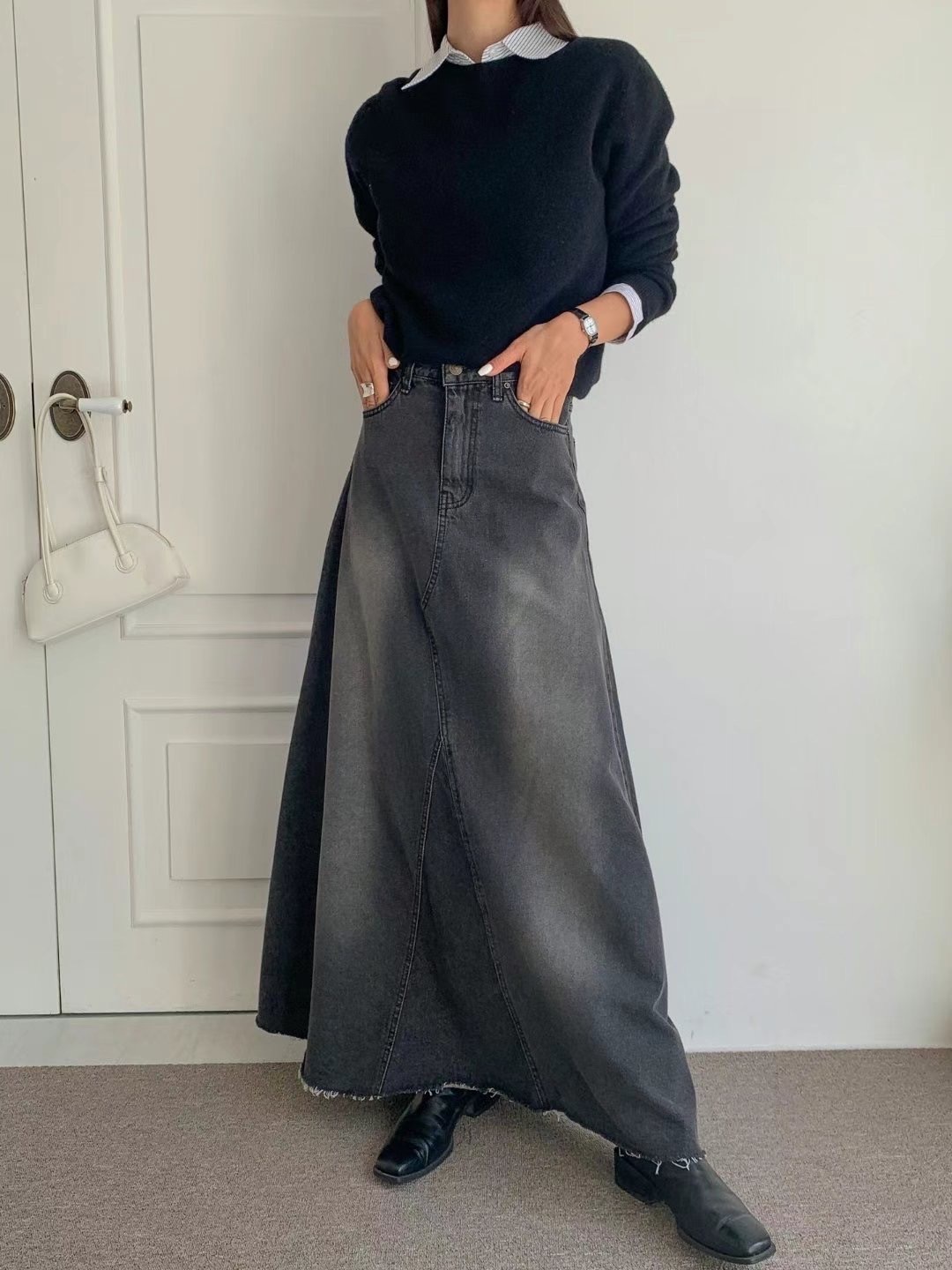 【優惠預訂】韓國喇叭黑色牛仔長裙