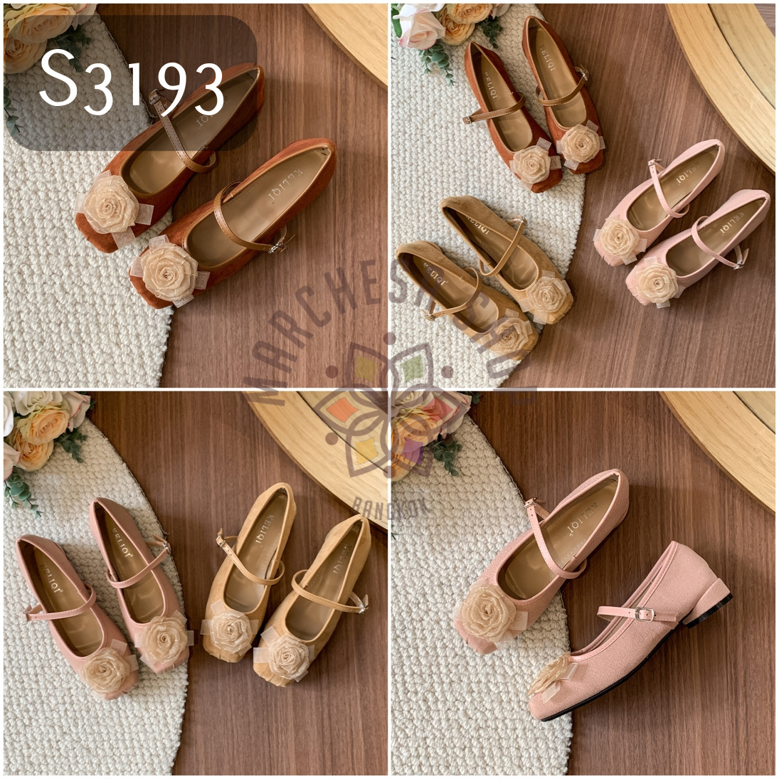 S3193 - 全真皮羊猄皮立雕網花方頭平底鞋