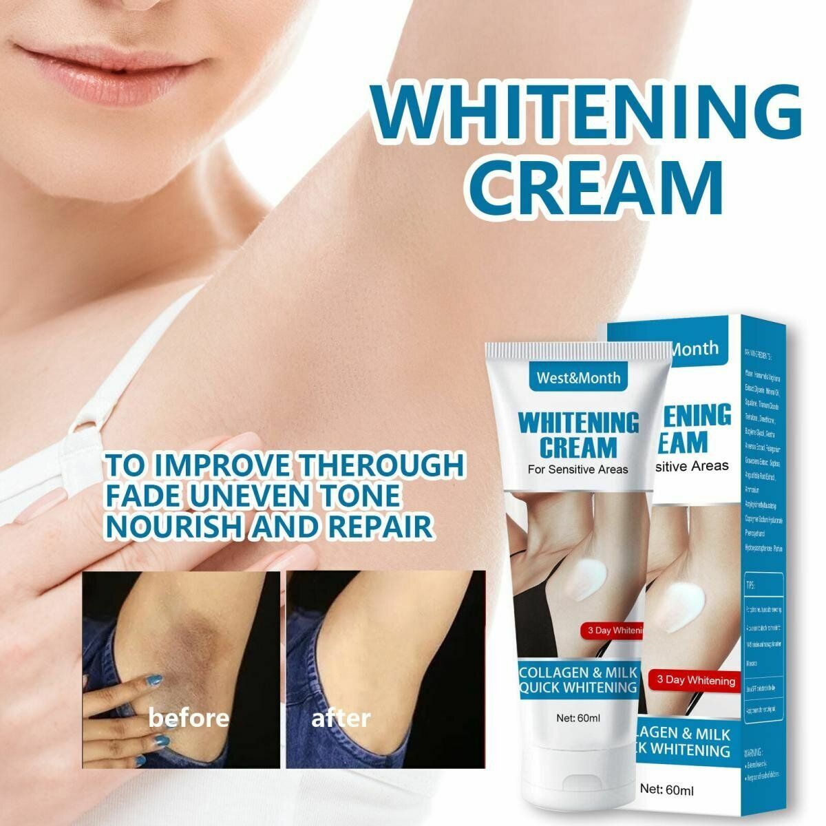 Popular West&Month Underarm Whitening Cream Armpit Whitening Cream Armpit Brightening Cream Skin Color Concealer Private Parts Moisturizing Fine Texture Skin Beautifying Cream